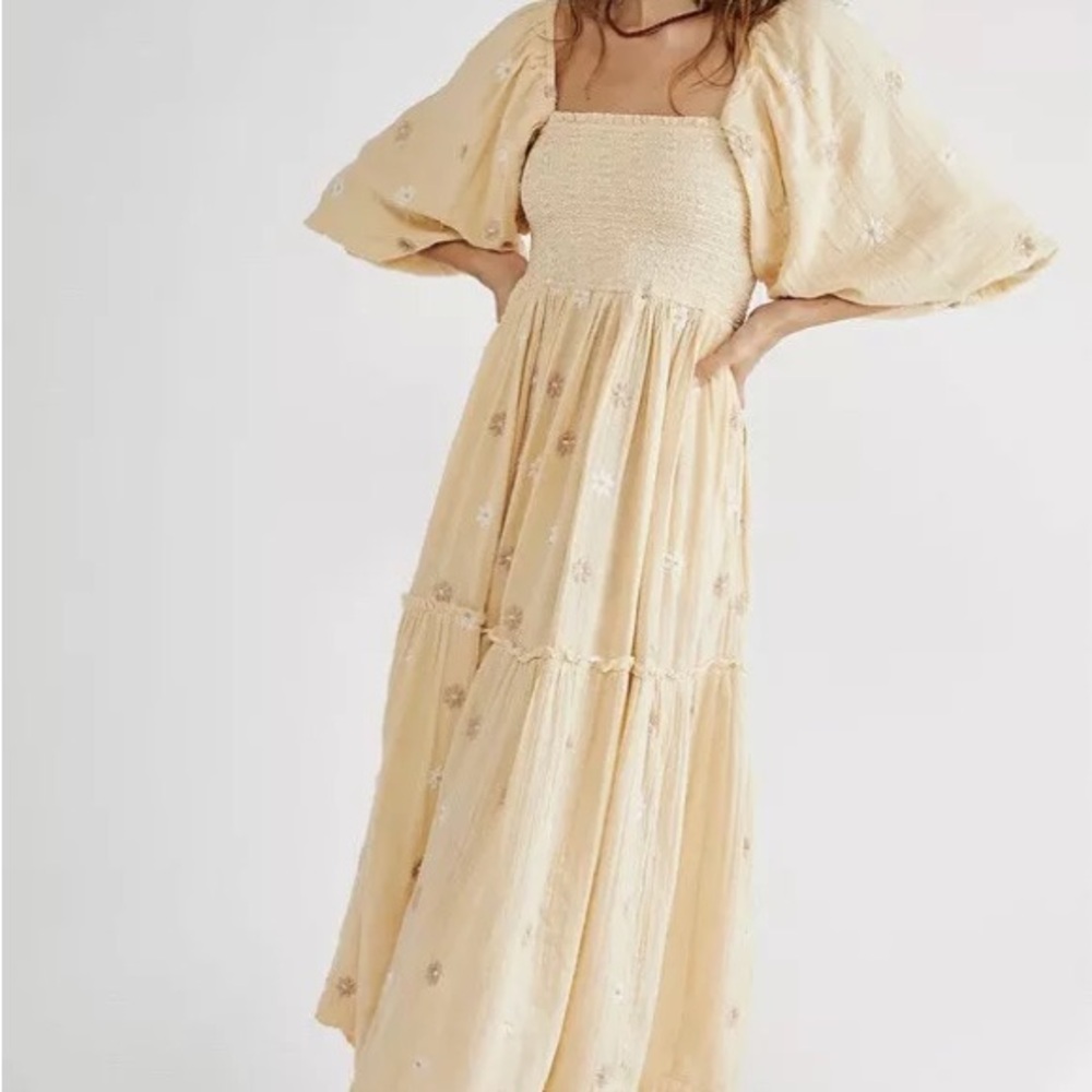 Free People Dahlia Embroidered Smocked Puff Sleeve Maxi Dress
